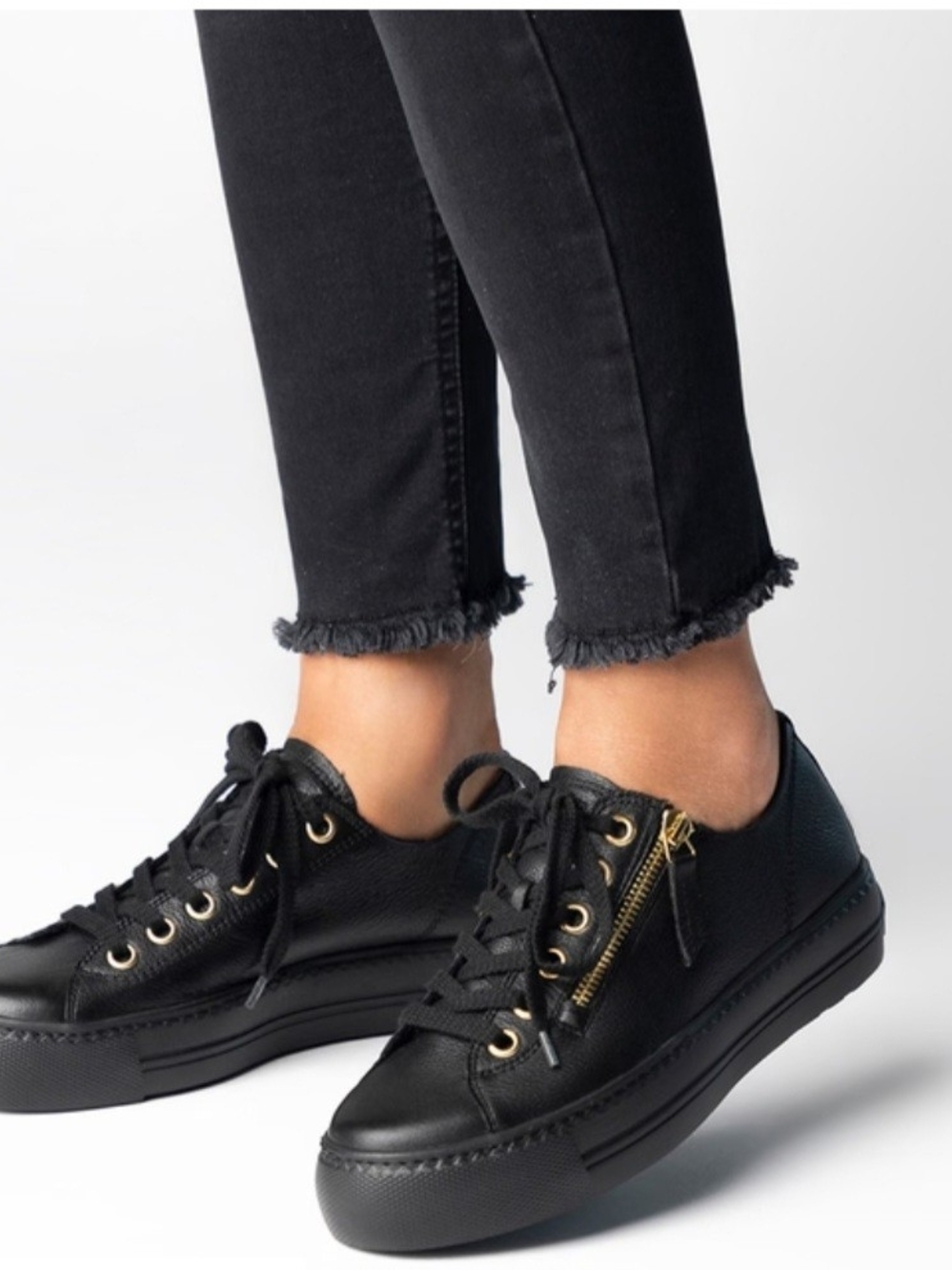 Paul Green 5006-132 Black Leather  Platform Sneakers with Gold Zipper US Size 7
